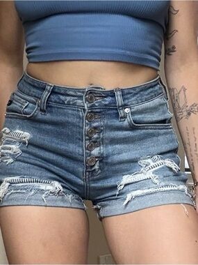 KanCan High-Rise Distressed Button-Fly Denim Shorts - Blue